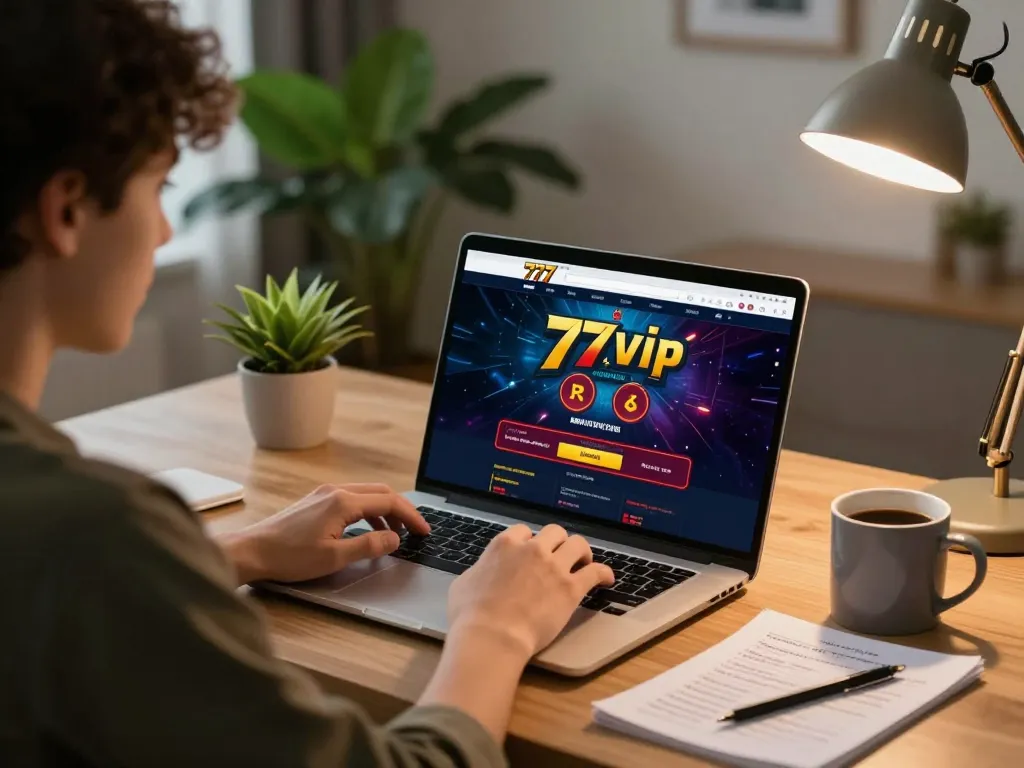 Engaging in online gaming at 777vip casino, with laptop displaying betting options and strategies.
