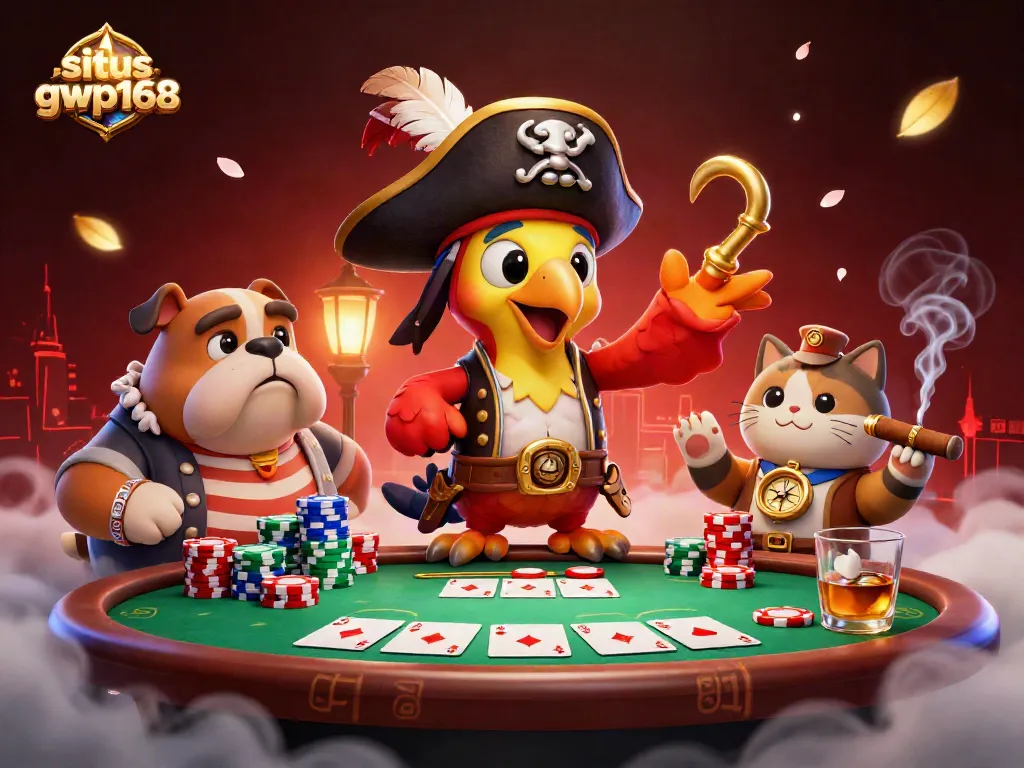 Gambarkan situs gwp168 dalam aksi poker yang mendebarkan, dengan karakter menarik dan tumpukan chip
