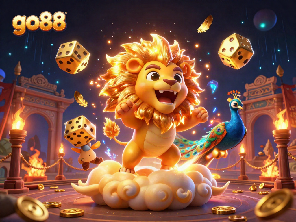 Engage with go88's dynamic gaming universe featuring vibrant characters, golden dice, and captivating casino elements.