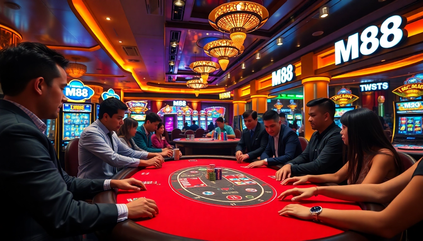 M88 branding highlighting an exciting poker game with players and colorful chips in a luxury casino setting.
