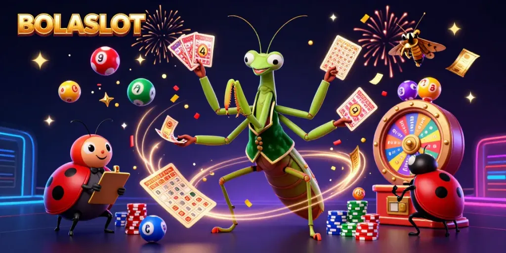 BOLASLOT brings excitement with vibrant lottery balls and animated casino characters in a dynamic gaming scene.