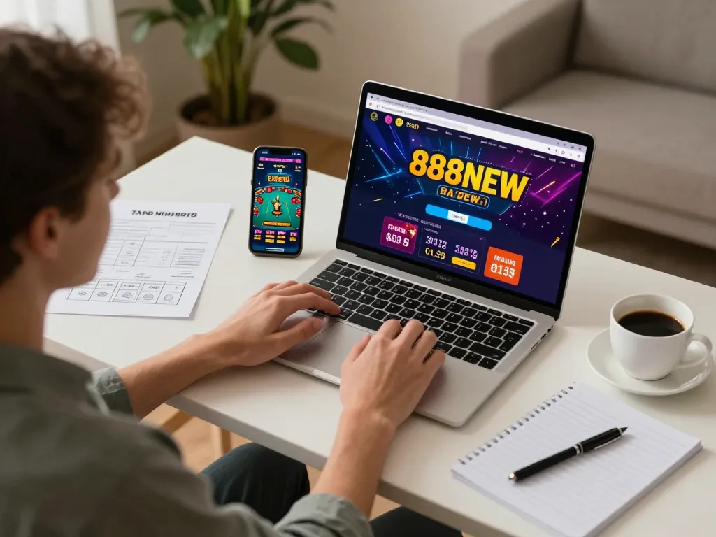 Person strategizing and playing at 888NEW online casino on laptop and smartphone, cozy home gaming setup