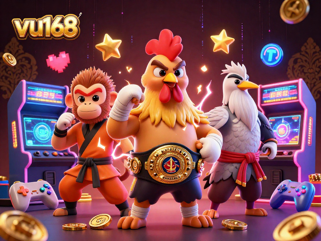 Experience thrilling action with vu168's vibrant casino scene featuring animated characters and gaming elements.
