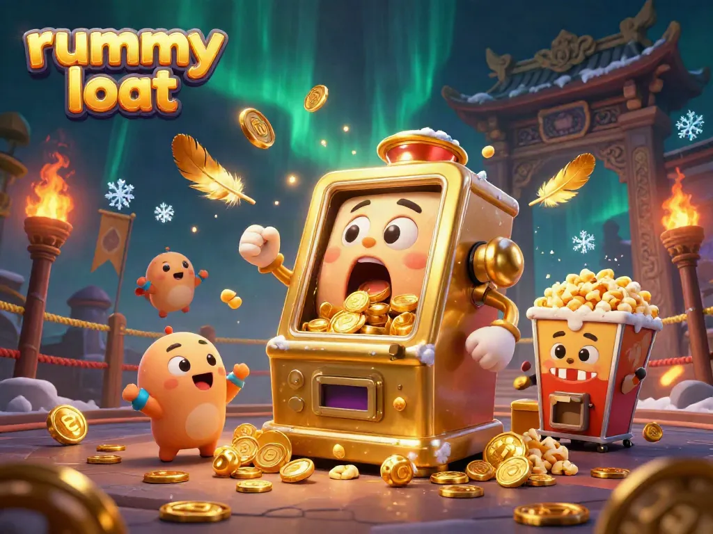 Engage with rummy loot through thrilling gameplay as a golden slot machine hits a jackpot in an exciting casino scene.