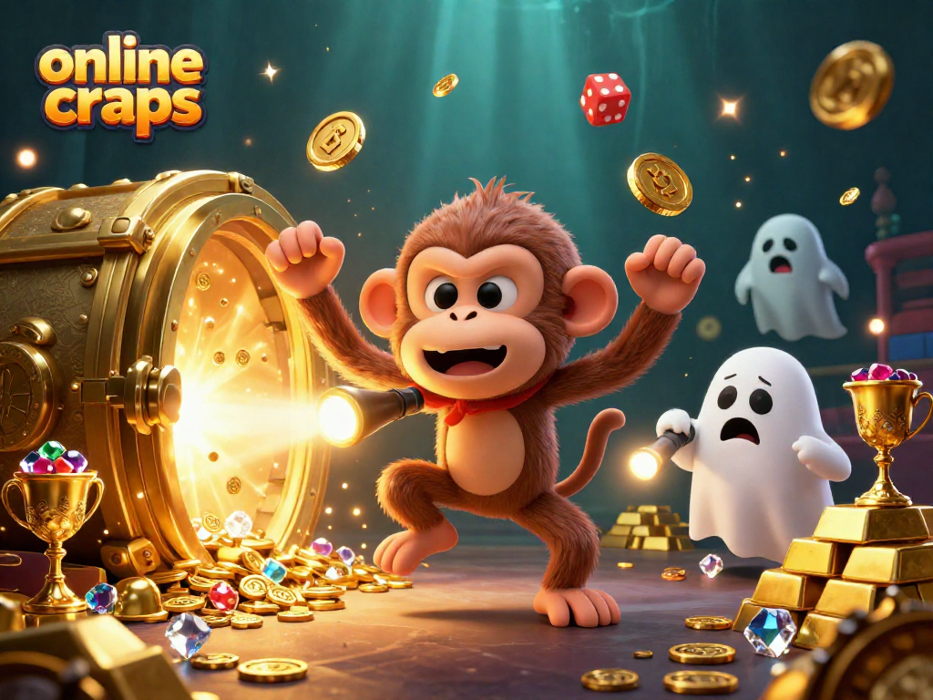 Engage in thrilling online craps with a mischievous poltergeist monkey and a curious puppy in a lively casino.