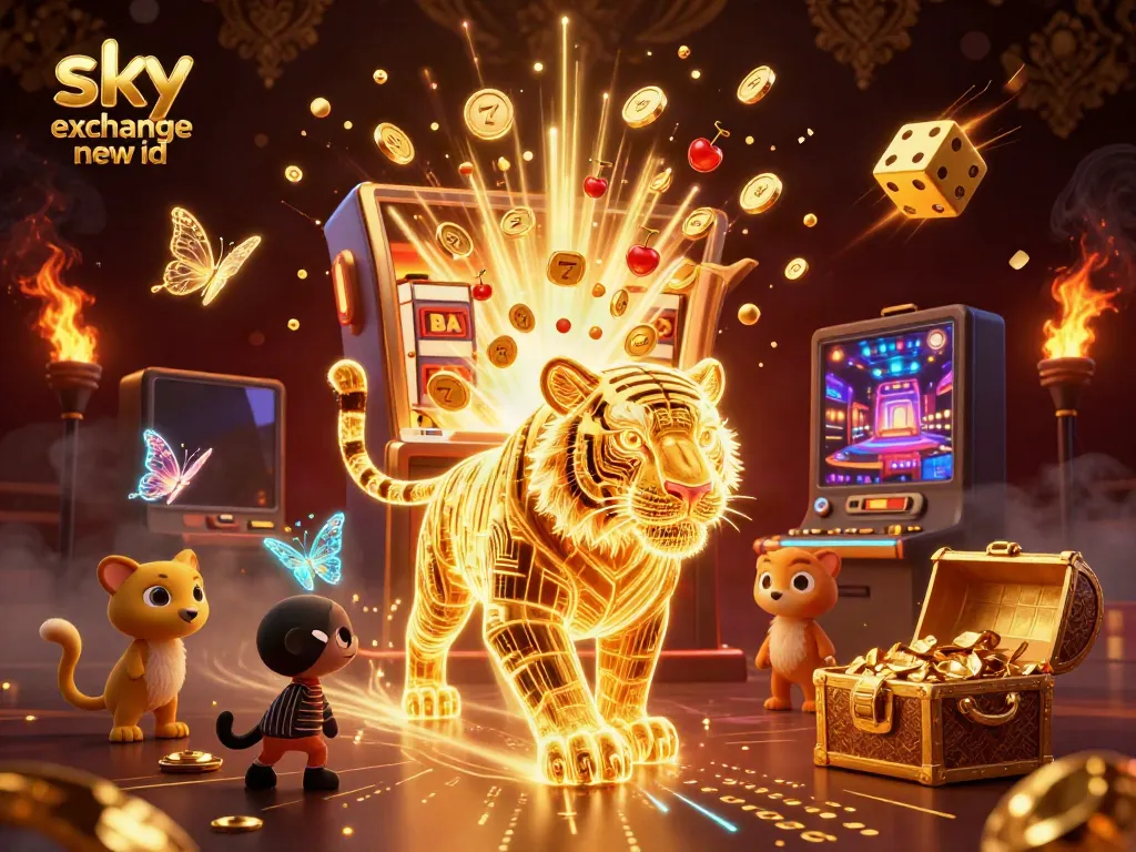 Experience sky exchange new id in a vibrant digital casino scene with a glowing tiger, slots, and fireworks.