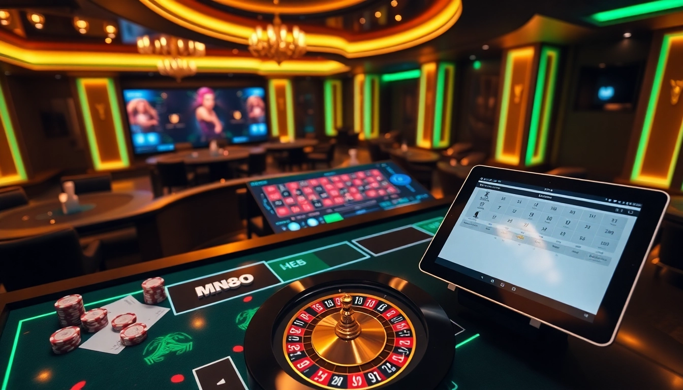 Exciting gambling scene representing nhà cái mm88 with vibrant casino elements and digital interfaces.