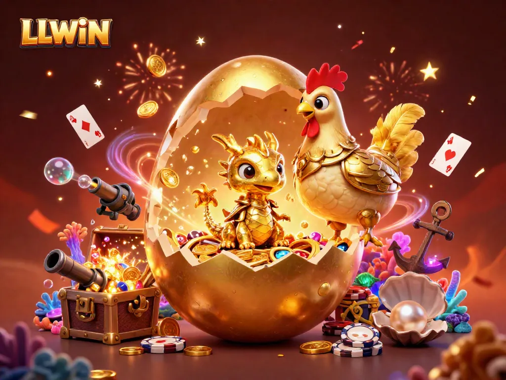 Experience the thrill of LLWIN with a golden dragon and poker chips in a vibrant casino scene.
