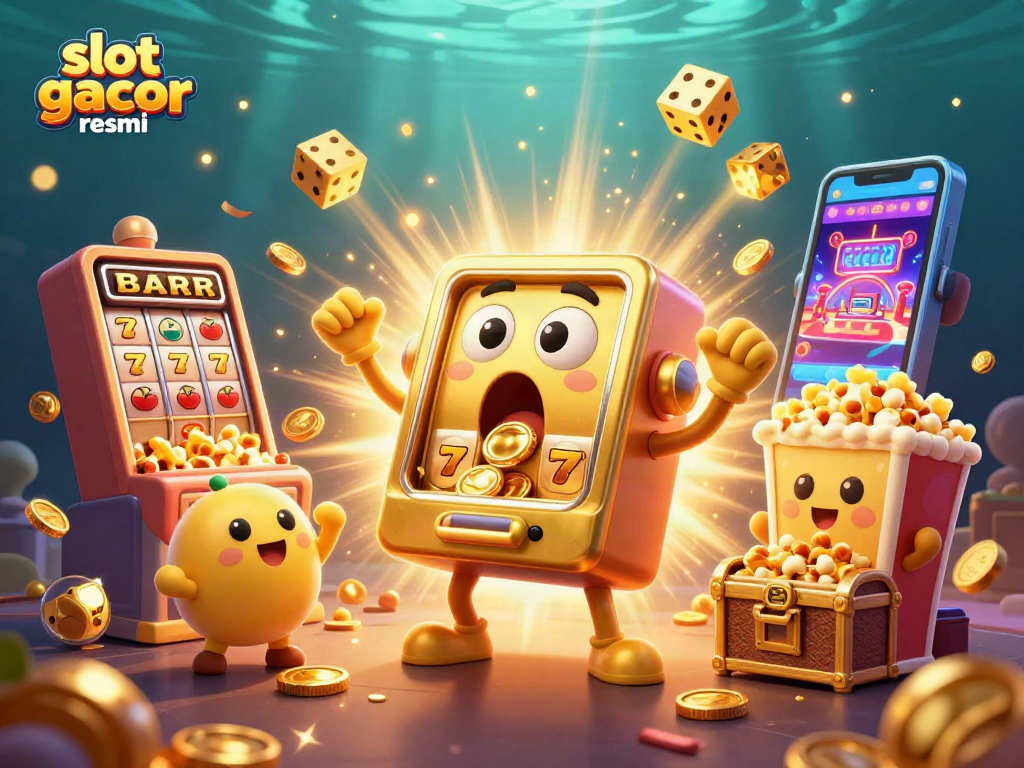 Experience winning thrills with slot gacor resmi; a lively 3D scene of a joyful slot machine hitting a jackpot.