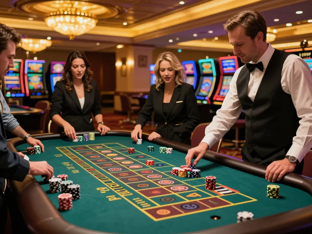 Kuwin players excitedly placing bets at a roulette table in a luxurious casino setting