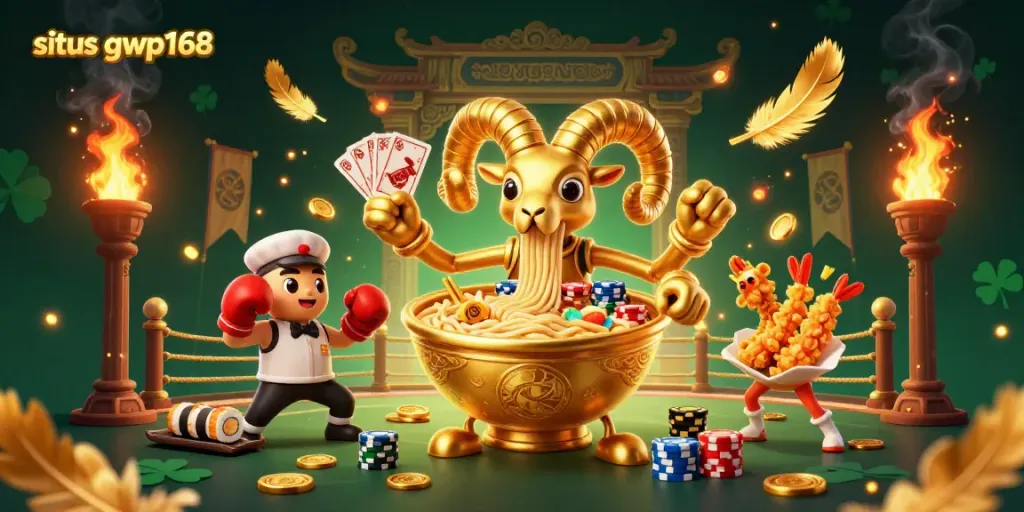 Gambarkan situs gwp168 dengan karakter unik yang memainkan permainan kasino dalam ilustrasi yang ceria dan berwarna-warni.