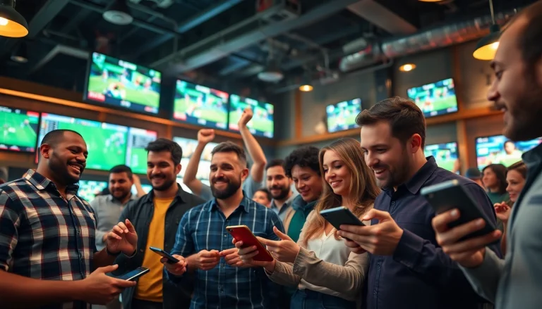 Engaged fans enjoying sports betting in a lively sports bar atmosphere, celebrating game outcomes.