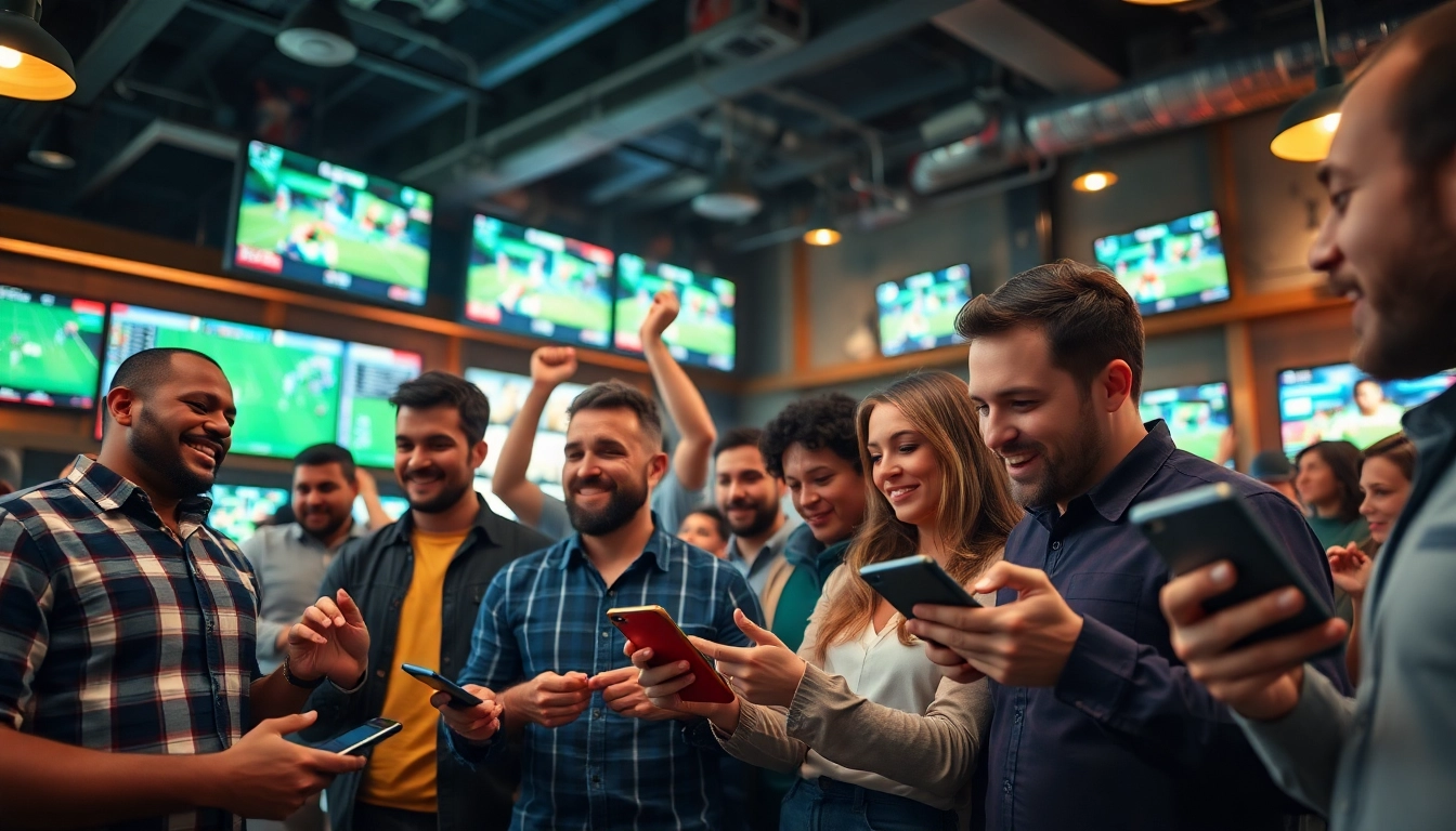 Engaged fans enjoying sports betting in a lively sports bar atmosphere, celebrating game outcomes.
