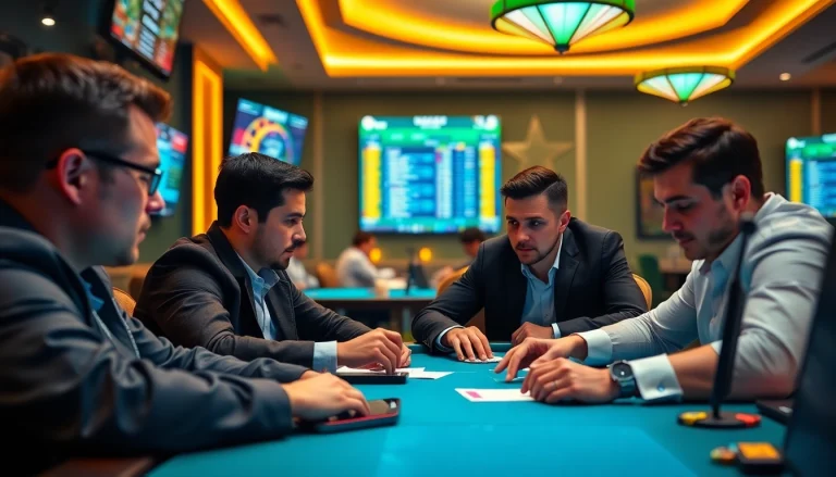 Engaging scene of online Betting with gamblers focused on live stats and odds.