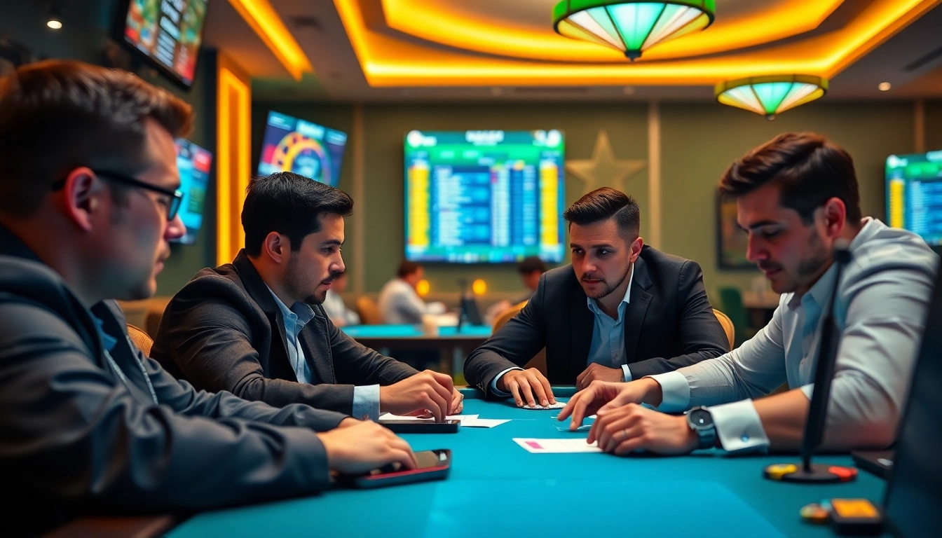 Engaging scene of online Betting with gamblers focused on live stats and odds.