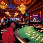 Explore the thrill of gambling at https://jun88.buzz/, featuring players at a blackjack table, surrounded by vibrant slots and roulette excitement.