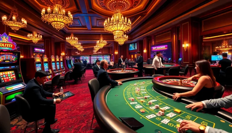 Explore the thrill of gambling at https://jun88.buzz/, featuring players at a blackjack table, surrounded by vibrant slots and roulette excitement.