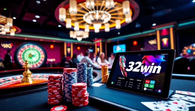 Gamblers enjoying online games at 32win casino, with poker chips and cards visible on tables.