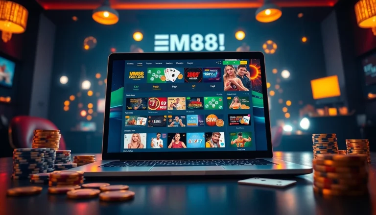 Engaging scene of a user interacting with the MM88 online gambling platform showcasing casino games and sports betting.