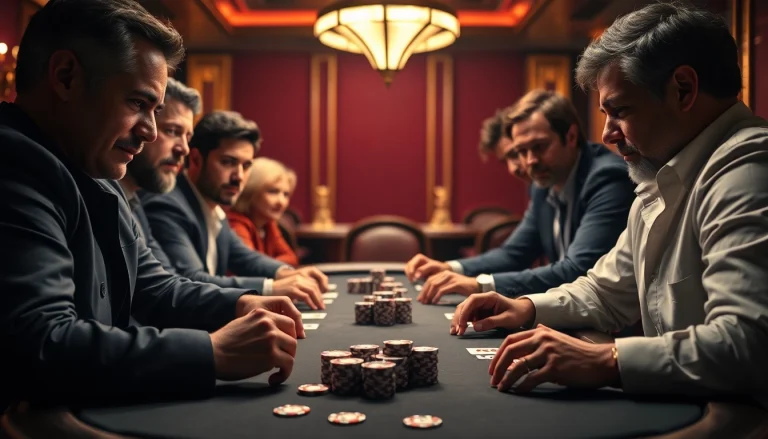 Engaged players in a high-stakes Poker Game with chips and cards on a casino table.