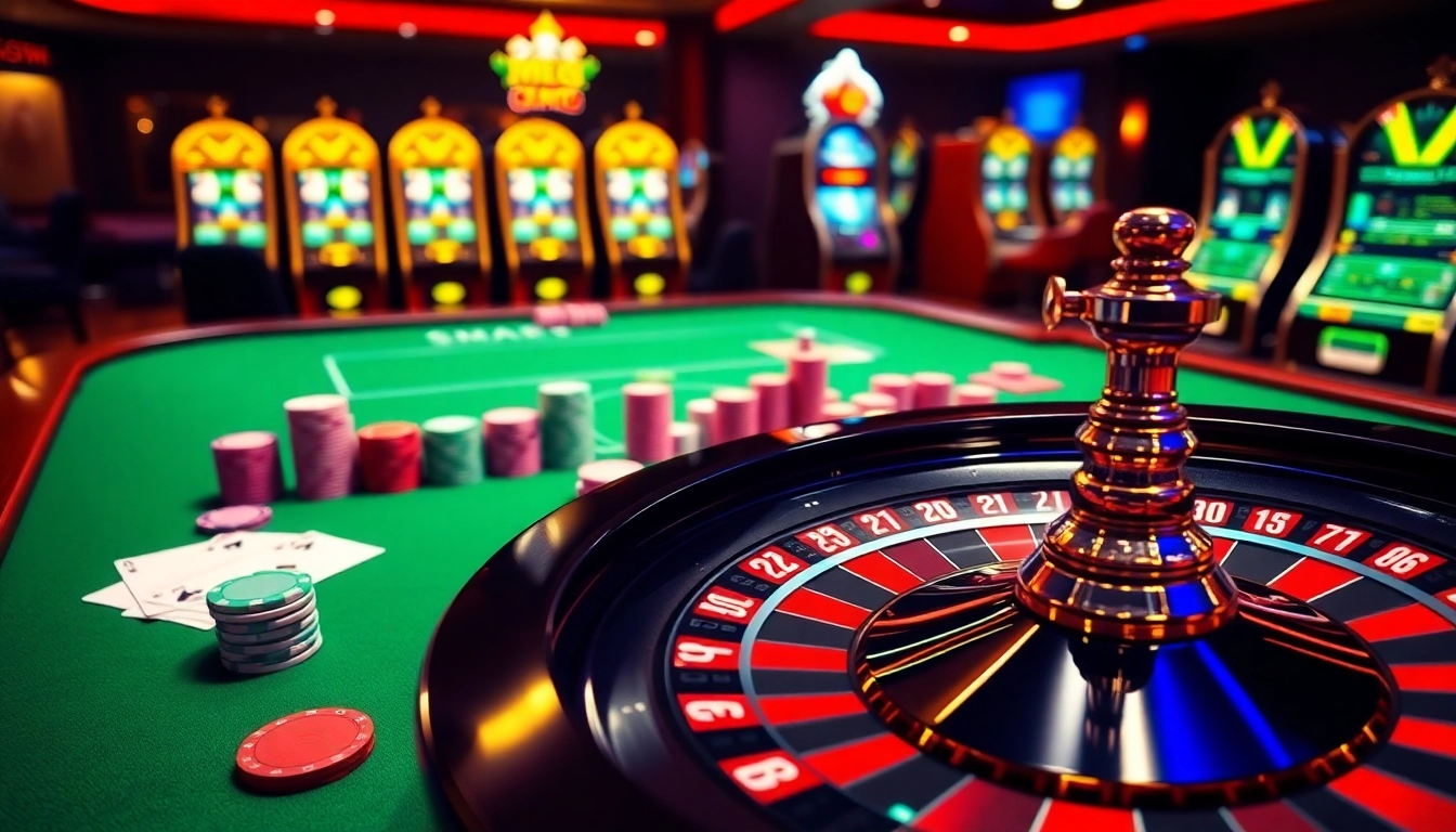 A thrilling mm88 casino scene featuring poker chips, colorful cards, and a vibrant roulette wheel, showcasing excitement in online gambling.