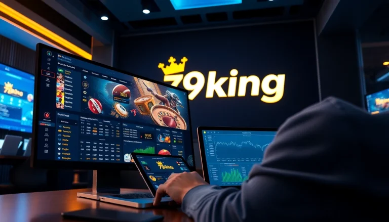 Escena atractiva de un usuario navegando en la plataforma de apuestas en línea 79king con gráficos vibrantes y una atmósfera acogedora.
