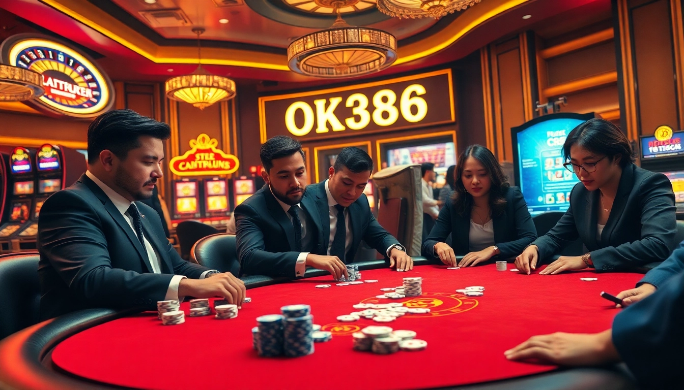 Players at a poker table in a luxurious casino atmosphere, highlighting OK8386 excitement and strategy.