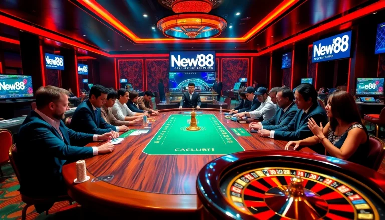 New88 players engaged in a thrilling casino atmosphere with poker tables and betting excitement.