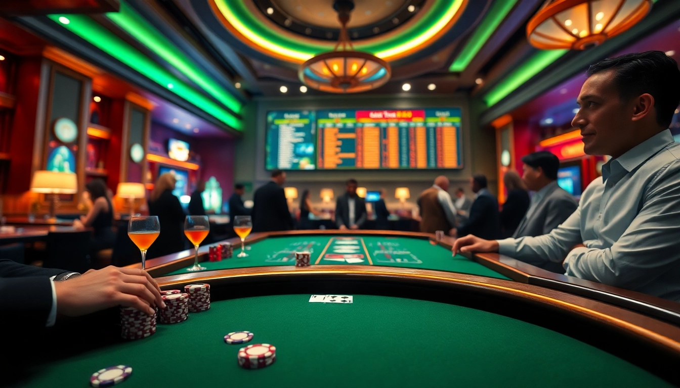 Experience an exciting blackjack casino game at a vibrant gaming table with players engaged.