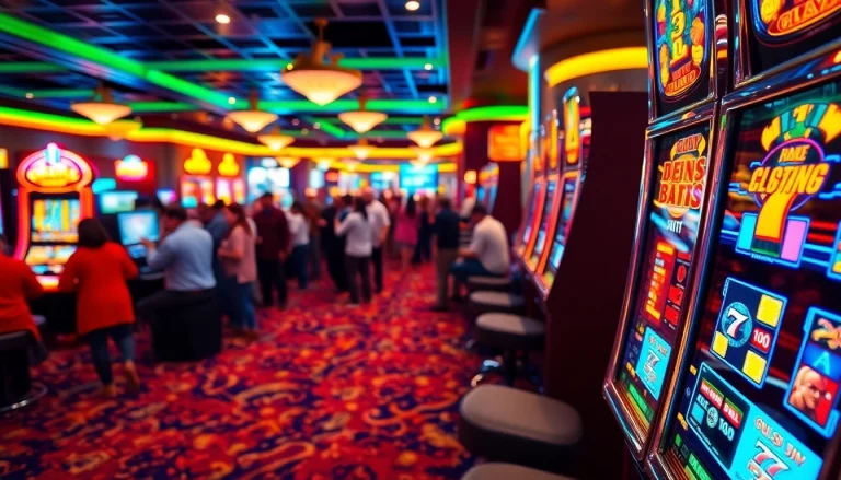 Slot Game yang menampilkan mesin slot dengan warna hidup dan cahaya cerah untuk pengalaman kasino.