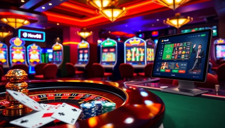 Experience high-stakes excitement at New88 with vibrant gaming tables and slot machines.