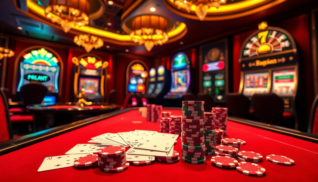 A thrilling casino scene showcasing 79king poker chips and vibrant games in action.