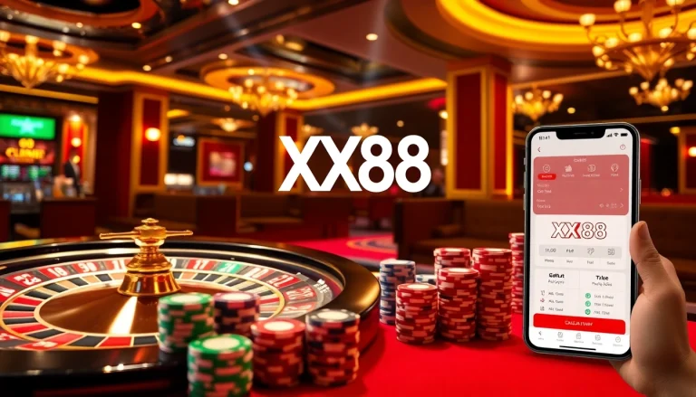 Players enjoying fast-paced games at XX88 casino with vibrant poker chips and roulette wheel.