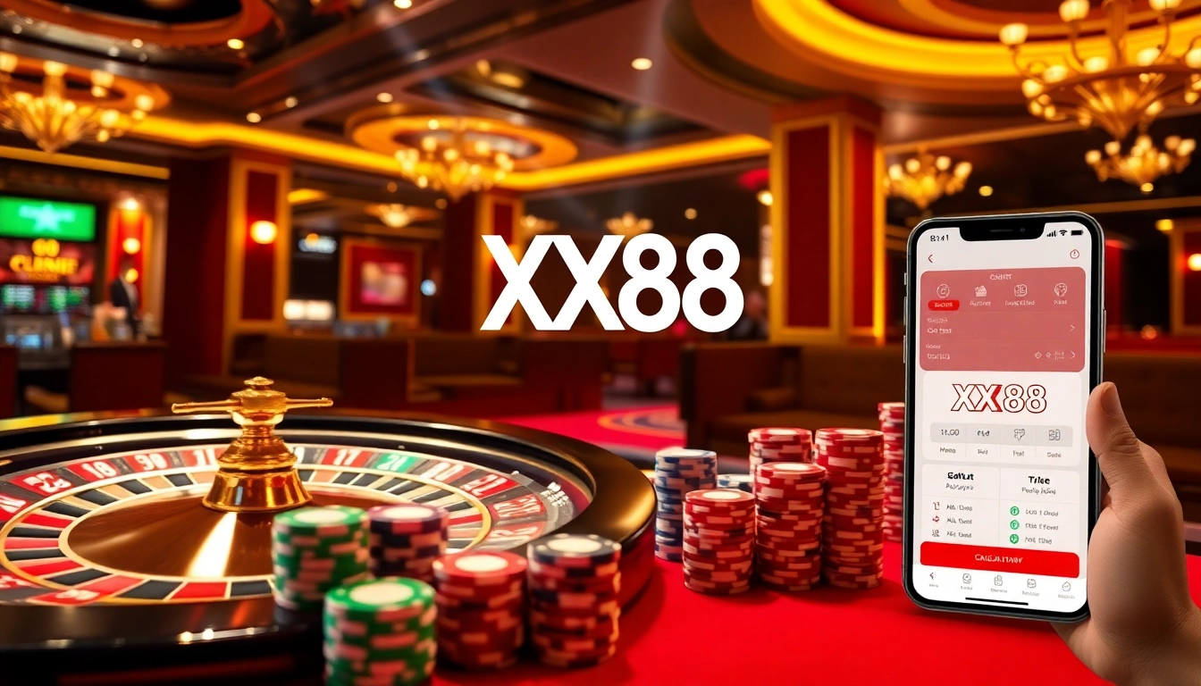Players enjoying fast-paced games at XX88 casino with vibrant poker chips and roulette wheel.