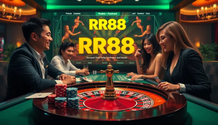 Experience excitement at RR88 with vibrant poker chips and a roulette wheel in a luxurious casino setting.