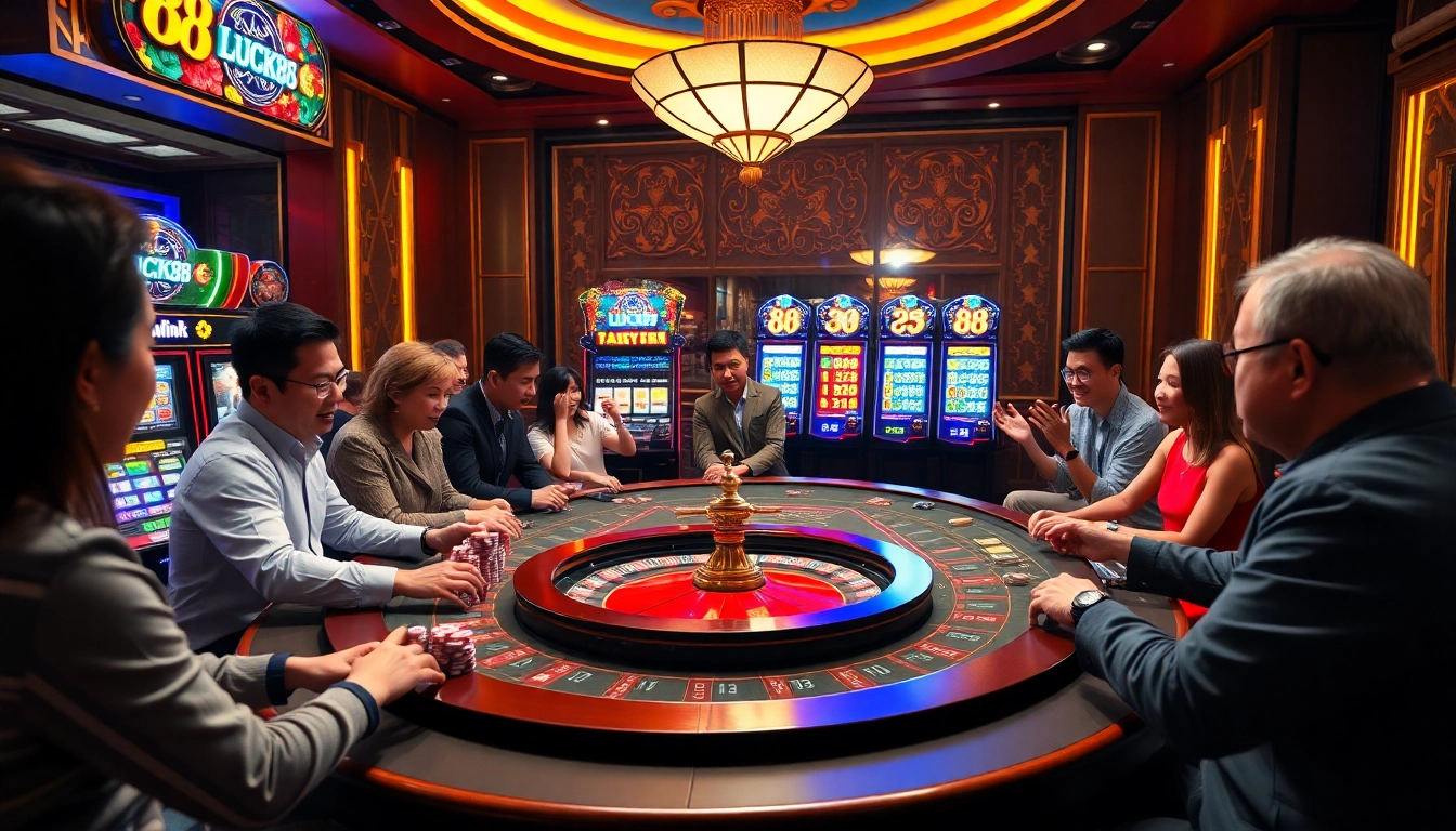 Players enjoying a thrilling experience at a Lucky88 themed casino table with vibrant gaming elements.