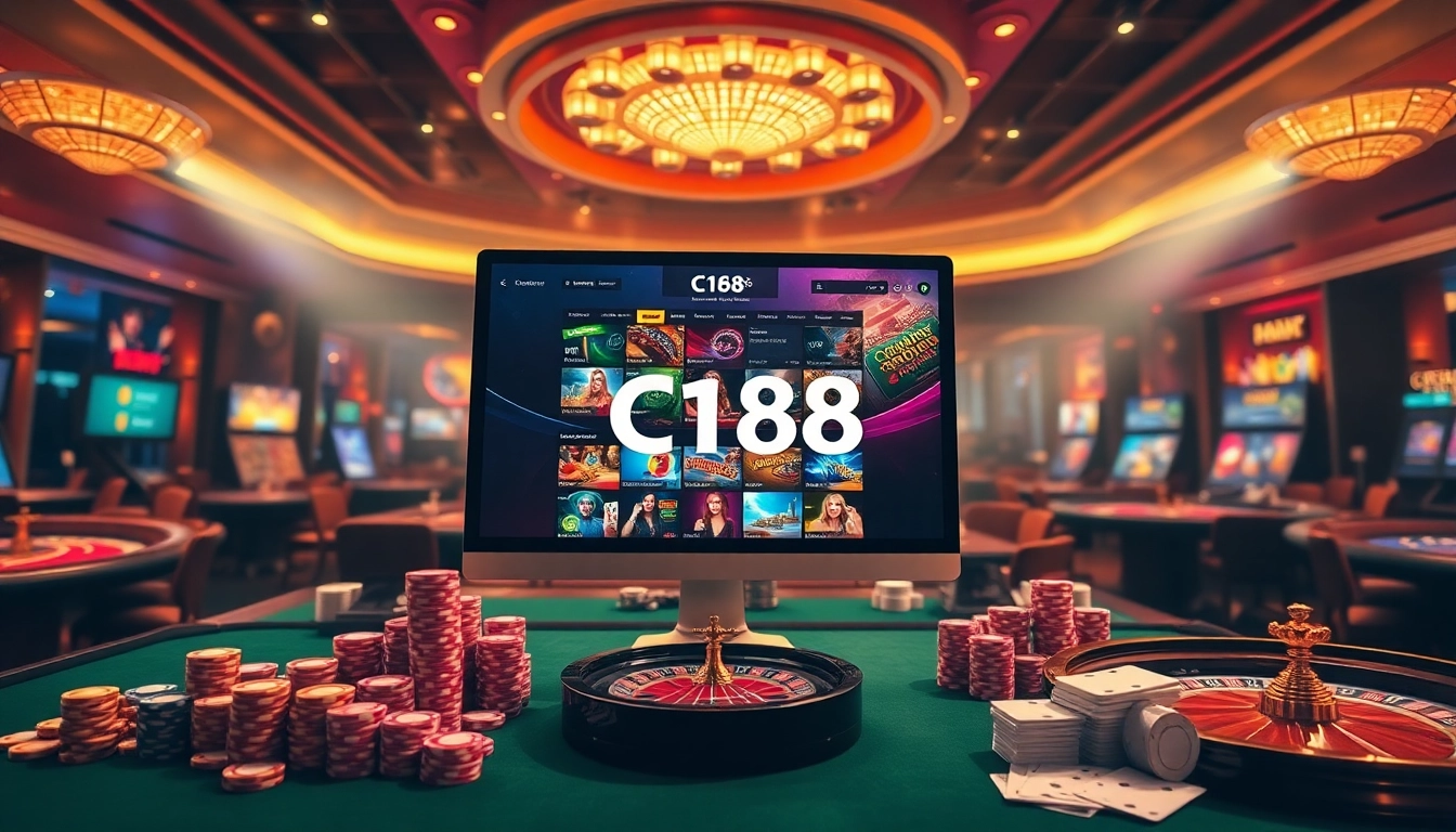 C168 online betting interface with poker chips and roulette elements in a luxurious casino