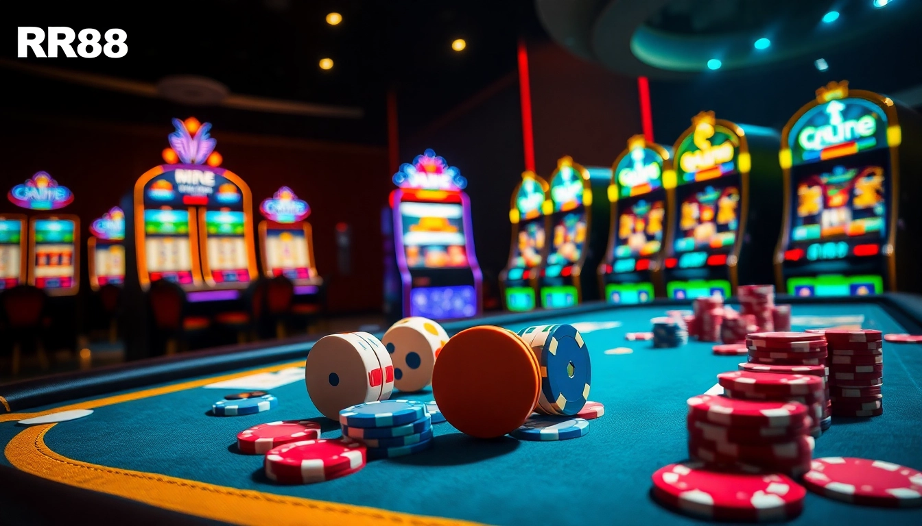 Experience the excitement of RR88 through vibrant casino gaming with dice, chips, and cards.