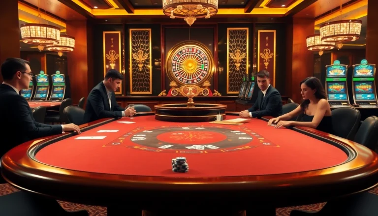God345 poker players strategizing at a luxurious casino table with vibrant roulette and slot machines.