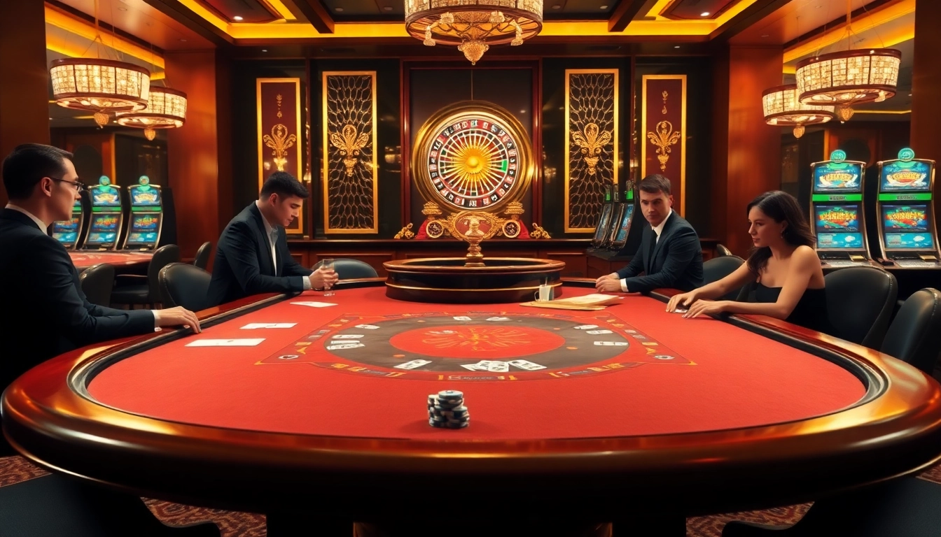God345 poker players strategizing at a luxurious casino table with vibrant roulette and slot machines.