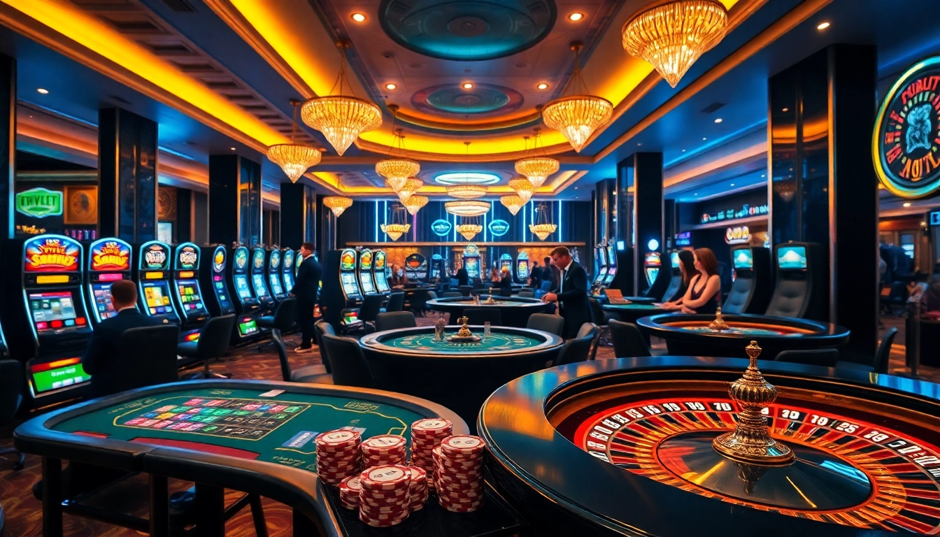 Players enjoying casino games with 5Z7779 poker chips and vibrant slot machines in an elegant setting.
