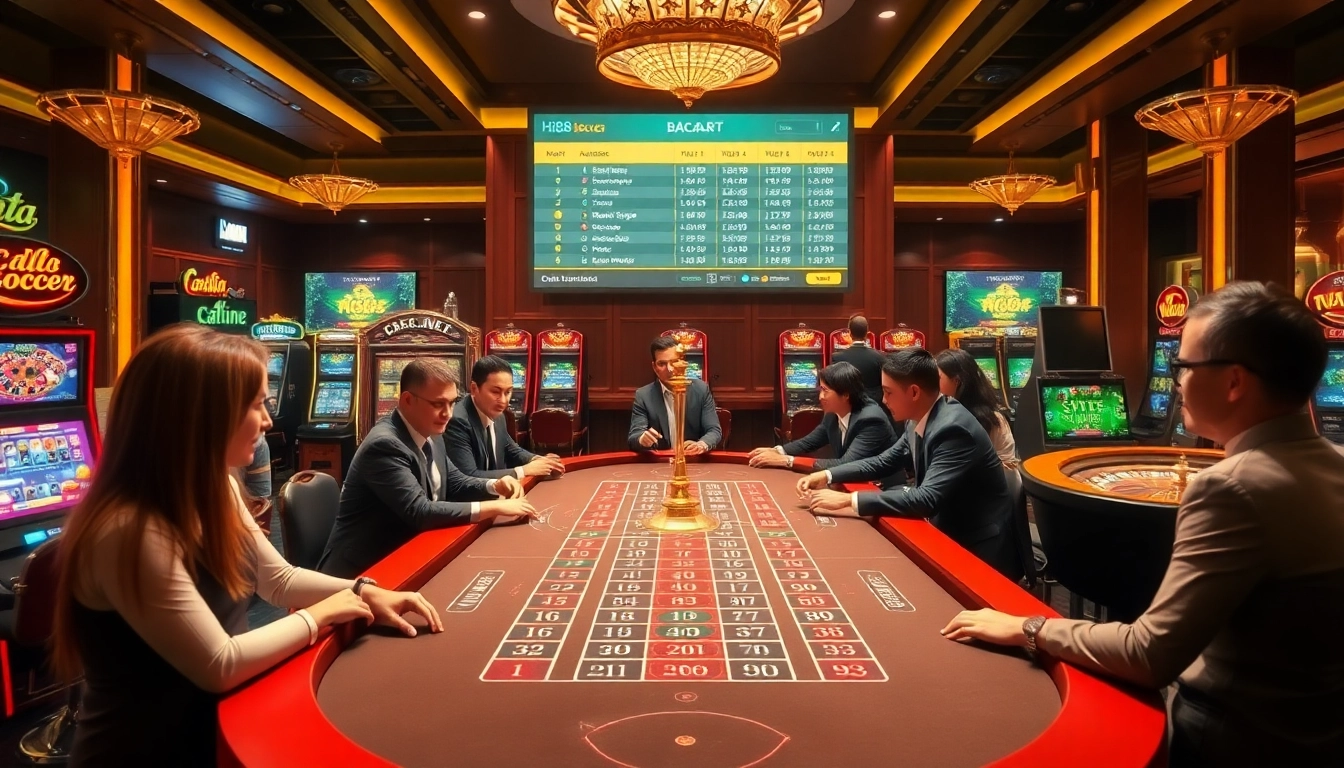 Engage in high-stakes baccarat at hi88 soccer amidst a vibrant casino backdrop featuring lively gaming tables.