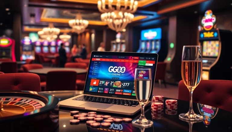 Engage with the GG88 interface amidst thrilling casino vibes featuring roulette wheels and poker chips.