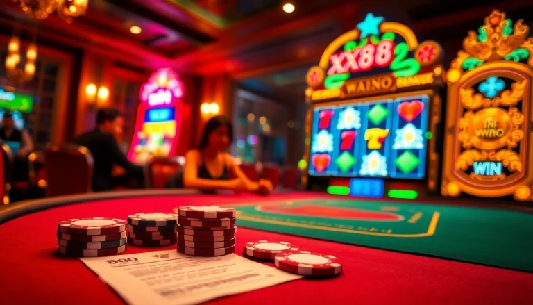 Experience the excitement of winning at xx88 with vibrant casino visuals and a poker table scene.