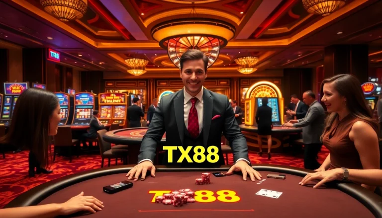 Experience the excitement of TX88 gaming with vibrant casino tables and professional dealers.