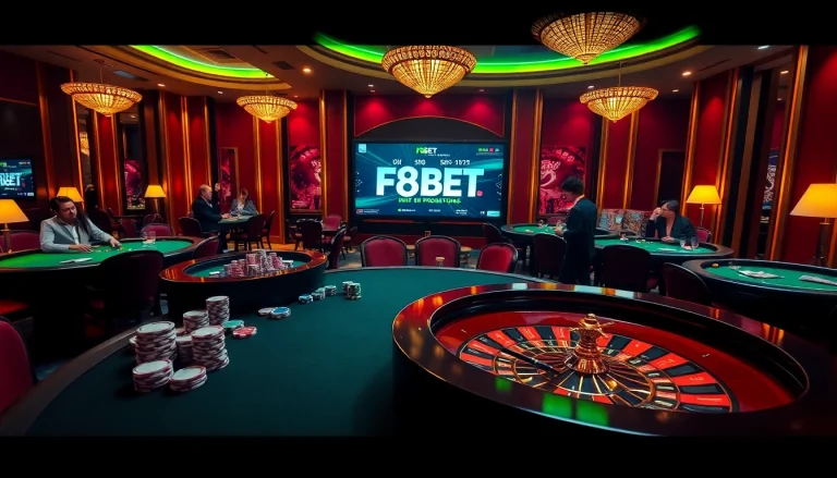 F8BET enticing poker scene with vibrant tables and roulette wheel highlighting excitement