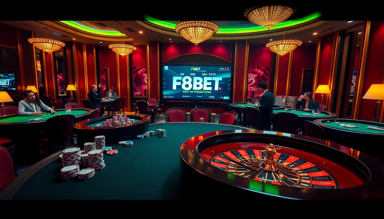 F8BET enticing poker scene with vibrant tables and roulette wheel highlighting excitement