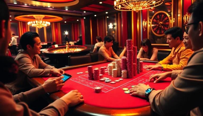Hello88 poker players engaging in an exciting game at a luxury casino table.