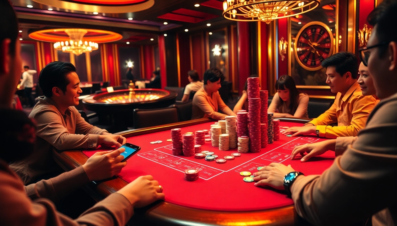 Hello88 poker players engaging in an exciting game at a luxury casino table.