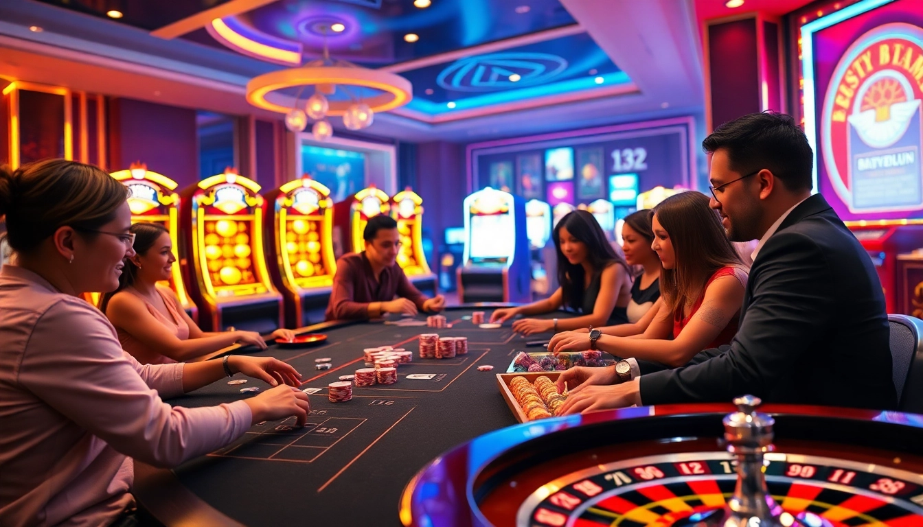 Excited players betting at a luxurious f8beta2 online casino table with vibrant slot machines.